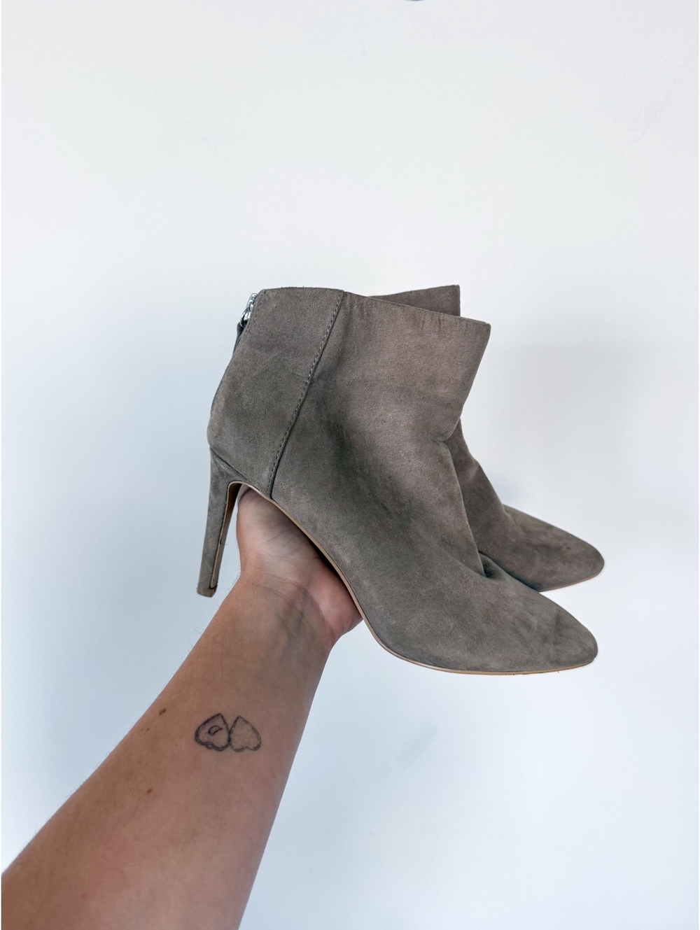 Express Taupe Faux Suede Mini Ankle Bootie Zip Back Stiletto Pointed Toe